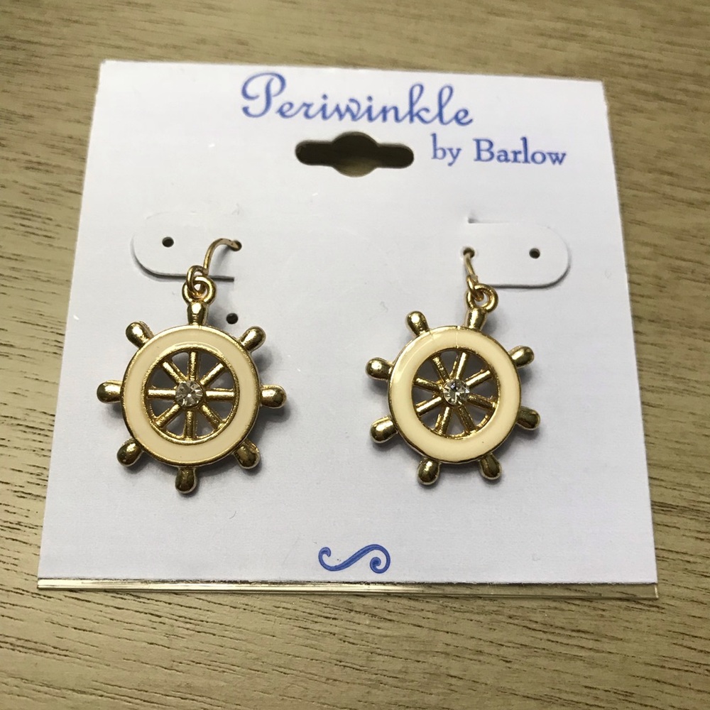 Enamel and Crystal Ship Wheel Dangling Earrings - Picture 2 of 3